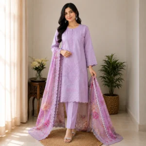 Premium 100% Cotton Three-Piece with Exquisite All-Over Embroidery, Expertly Stitched for the Discerning Individual